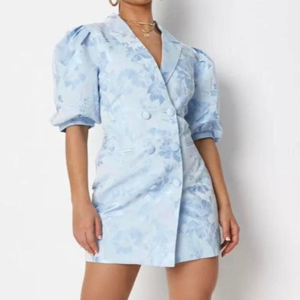 Cottagecore Blazer Dress Blue Floral Jacquard Puff Sleeve Sz 4 Coquette Regency